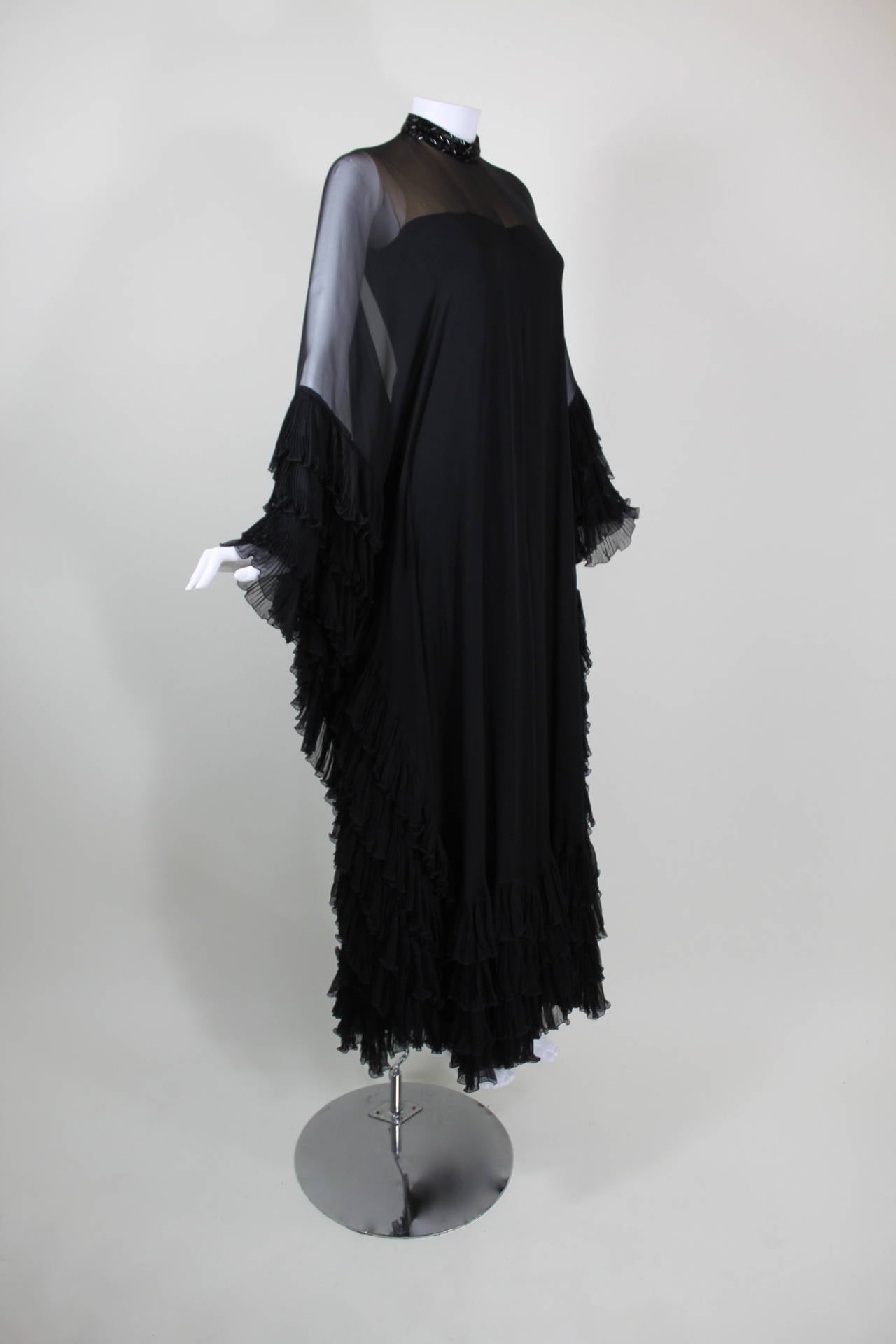 1960s Cardinali Black Chiffon Jumpsuit with Tiered Ruffle Hem In Excellent Condition In Los Angeles, CA