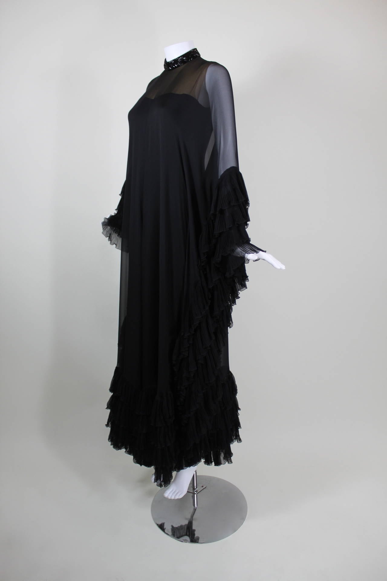 1960s Cardinali Black Chiffon Jumpsuit with Tiered Ruffle Hem 1