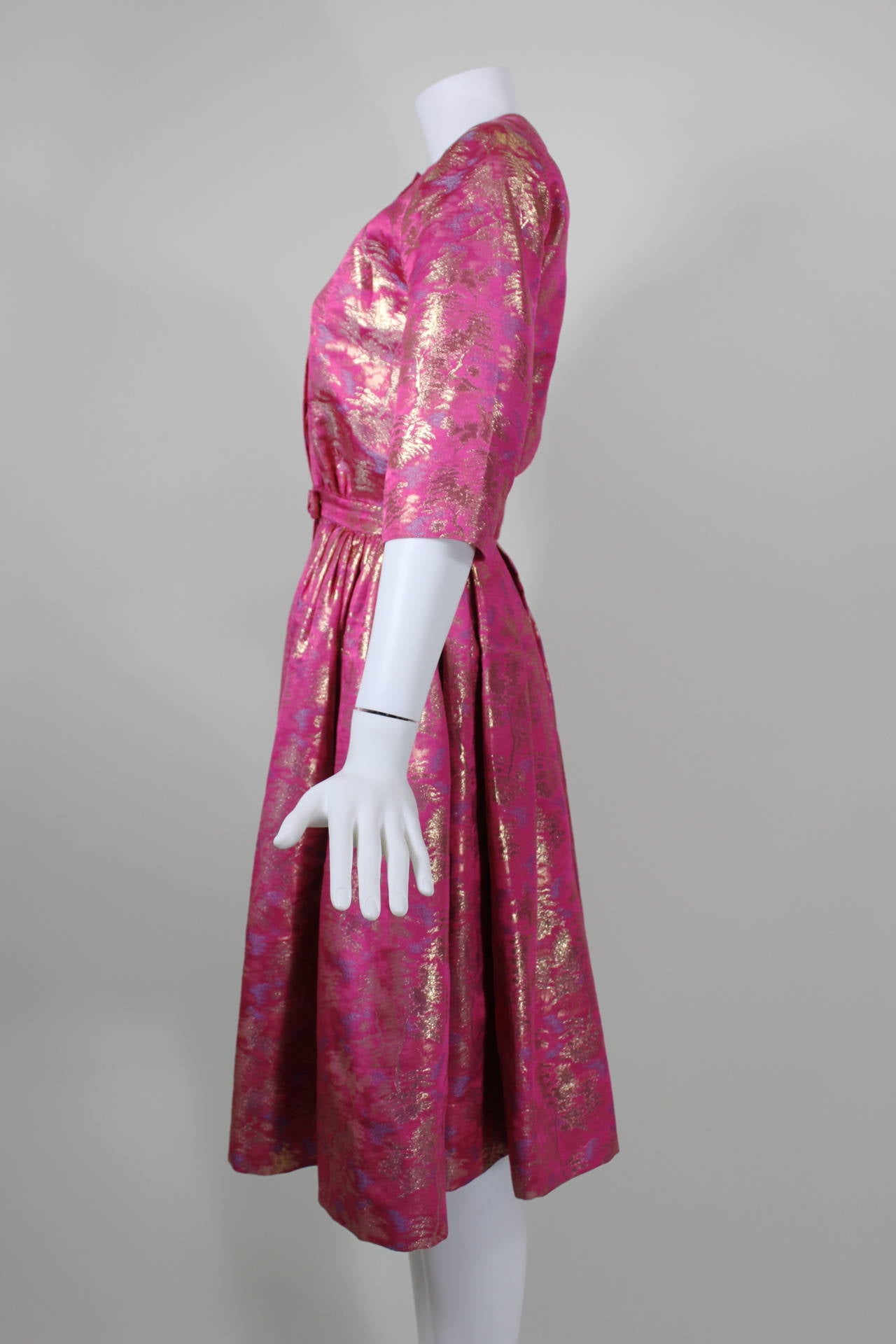 Larry Aldrich Hot Pink and Gold Tree Motif Brocade Dress