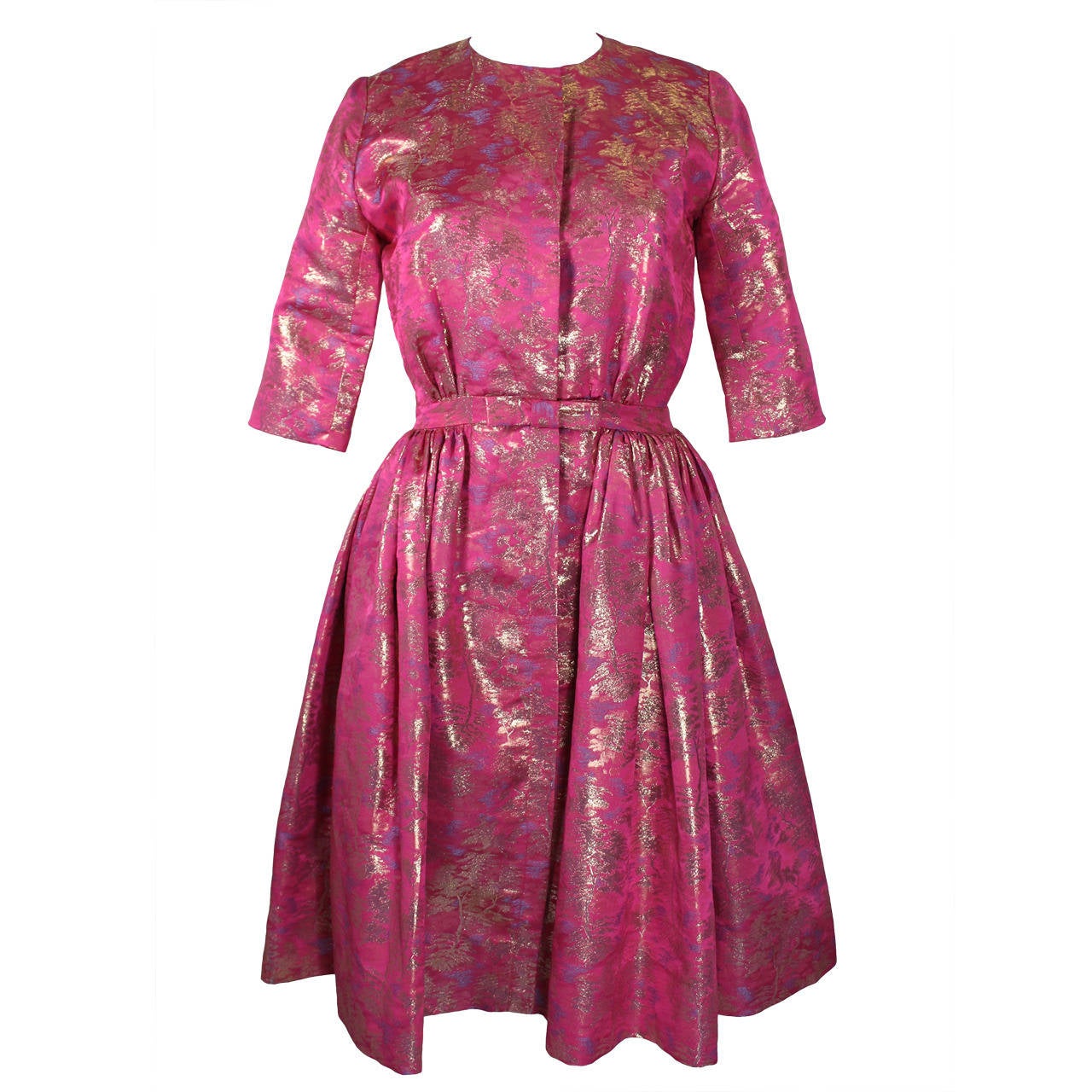 Larry Aldrich Hot Pink and Gold Tree Motif Brocade Dress For Sale