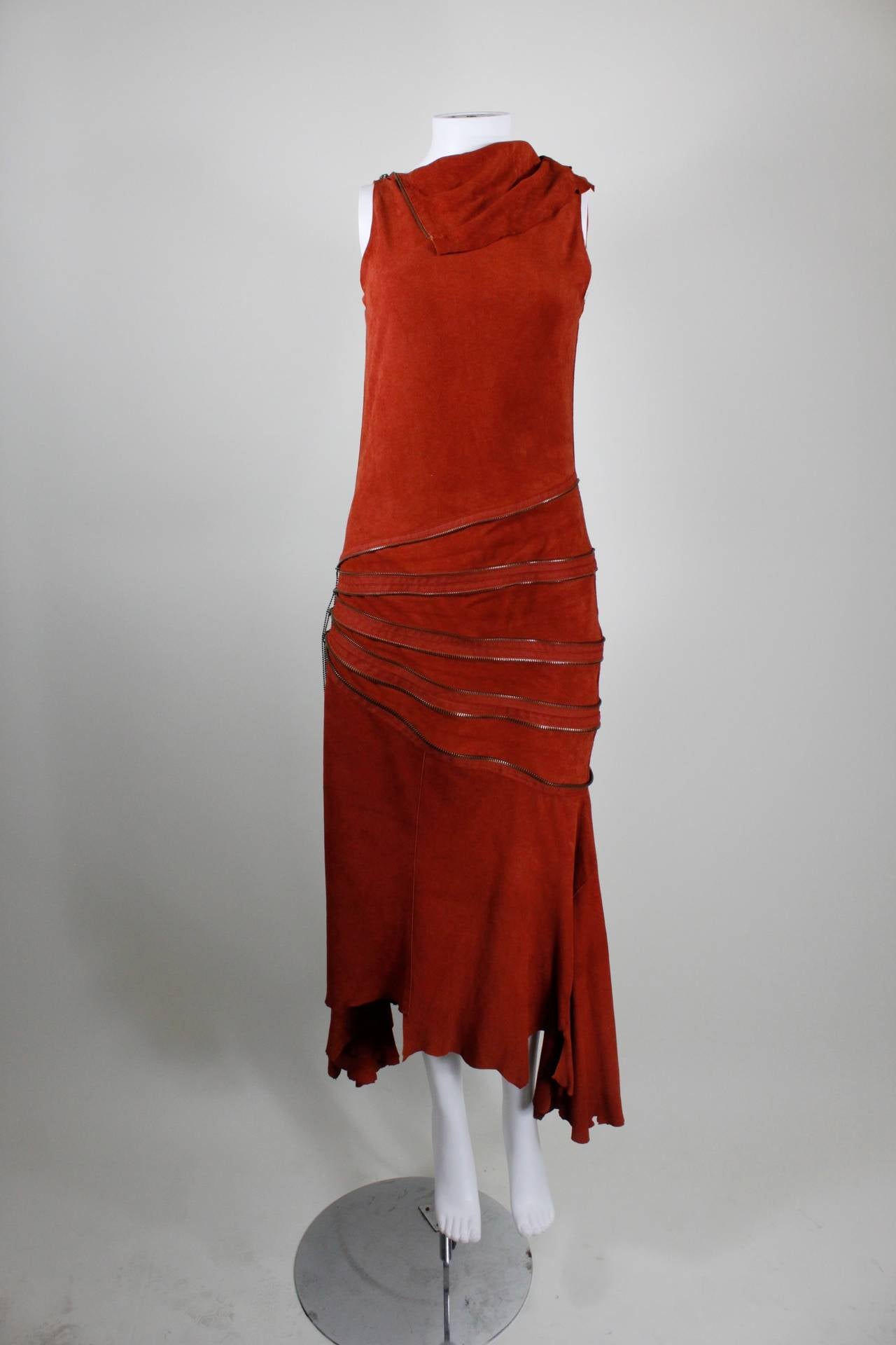 Gaultier Burnt Rust Suede Asymmetrical Zipper Dress In Excellent Condition For Sale In Los Angeles, CA