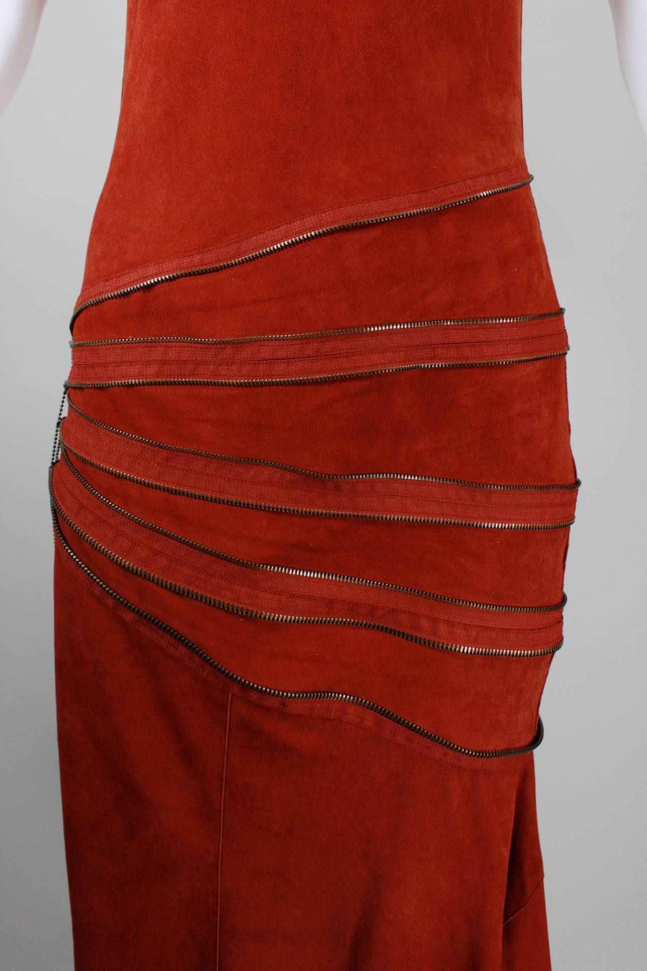 Gaultier Burnt Rust Suede Asymmetrical Zipper Dress For Sale 1