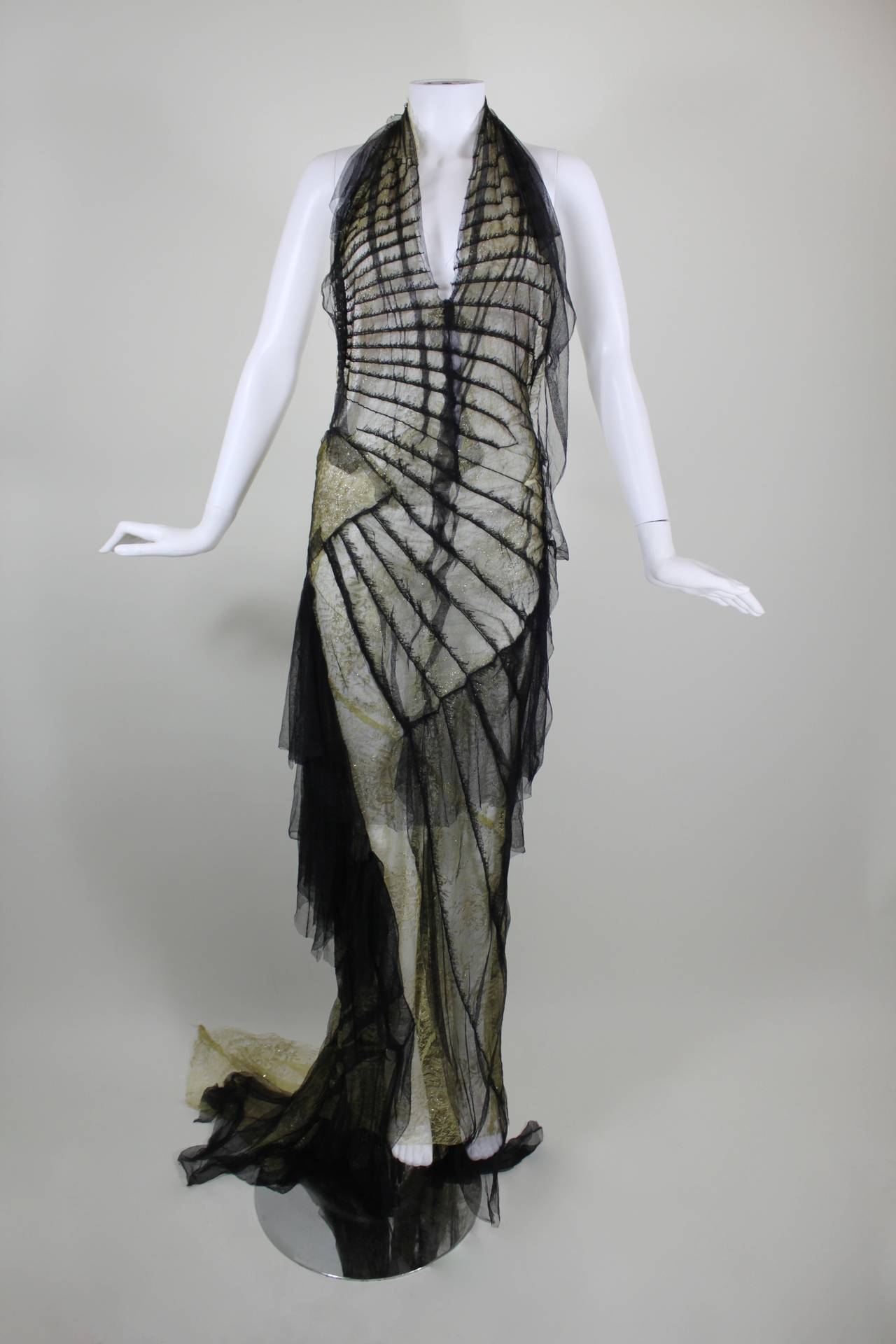 Roberto Cavalli Stunning Sheer Gold Lace and Cascading Black Tulle Gown