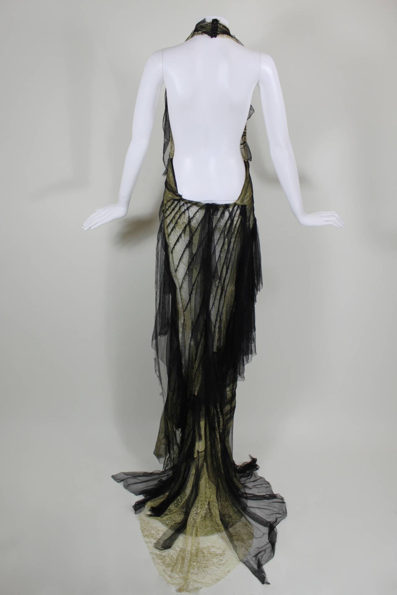 Roberto Cavalli Stunning Sheer Gold Lace and Cascading Black Tulle Gown For Sale 1