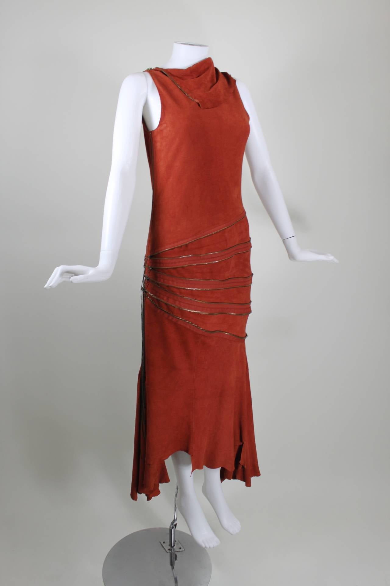 Red Gaultier Burnt Rust Suede Asymmetrical Zipper Dress For Sale