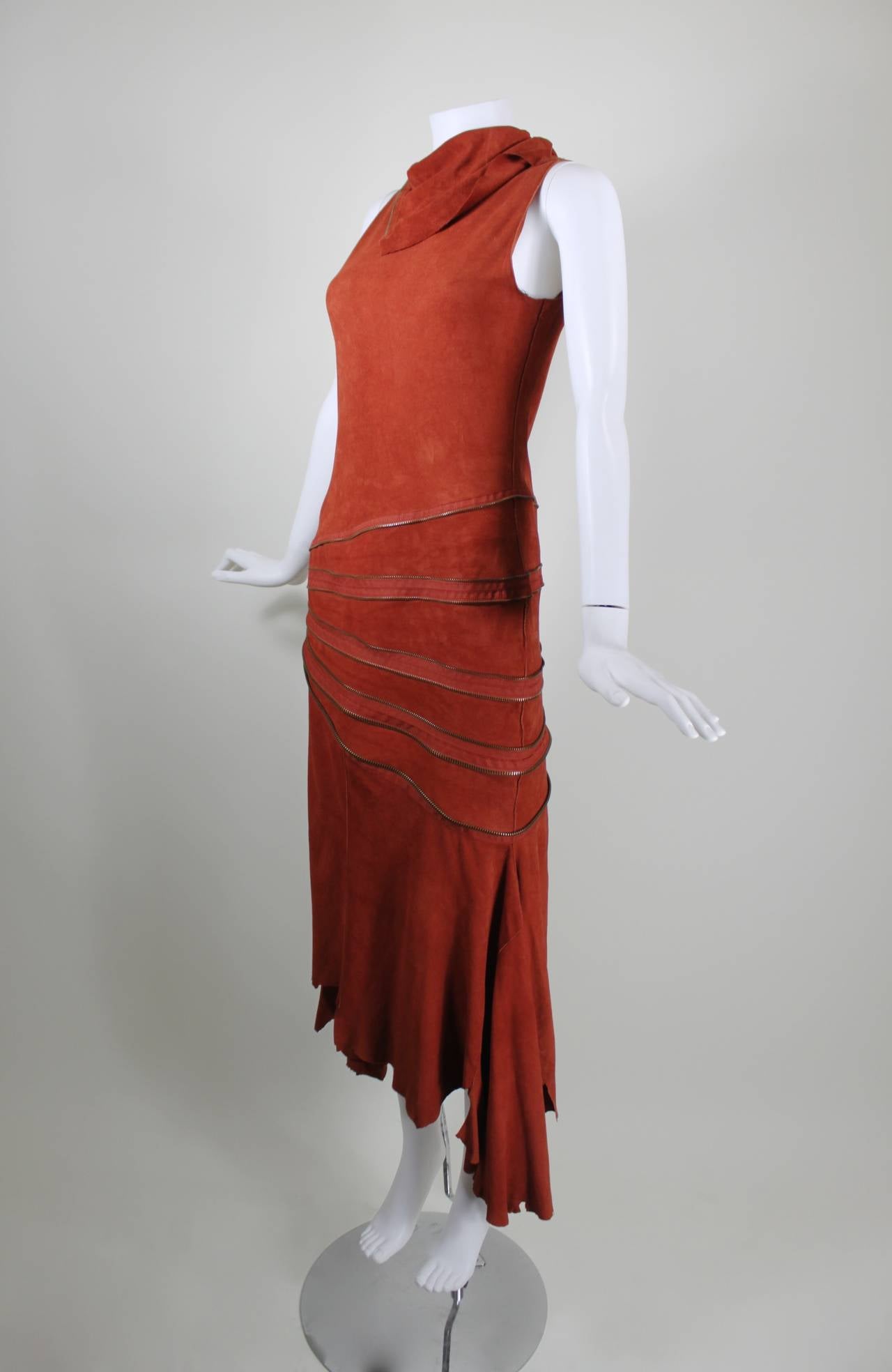 Gaultier Burnt Rust Suede Asymmetrical Zipper Dress For Sale 3