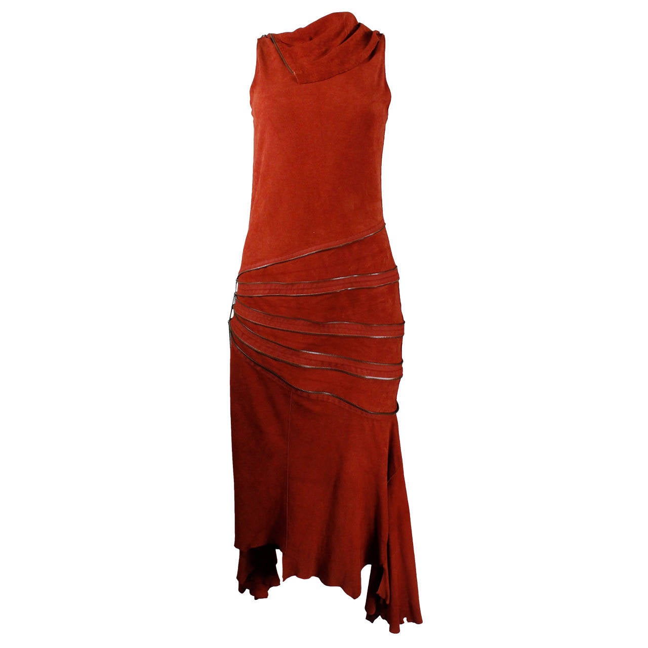 Gaultier Burnt Rust Suede Asymmetrical Zipper Dress For Sale