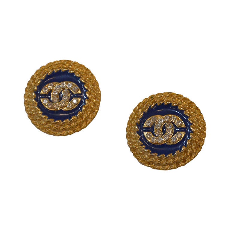 CHANEL Classic Blue Enamel Logo Earrings with Rhinestones