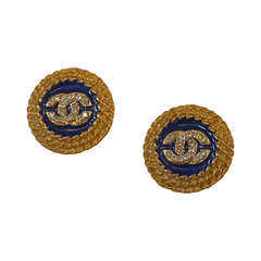 CHANEL Classic Blue Enamel Logo Earrings with Rhinestones