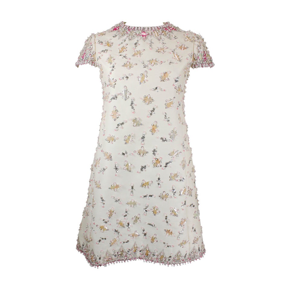 1960s Malcolm Starr Cream Party Dress with Blush Paillettes