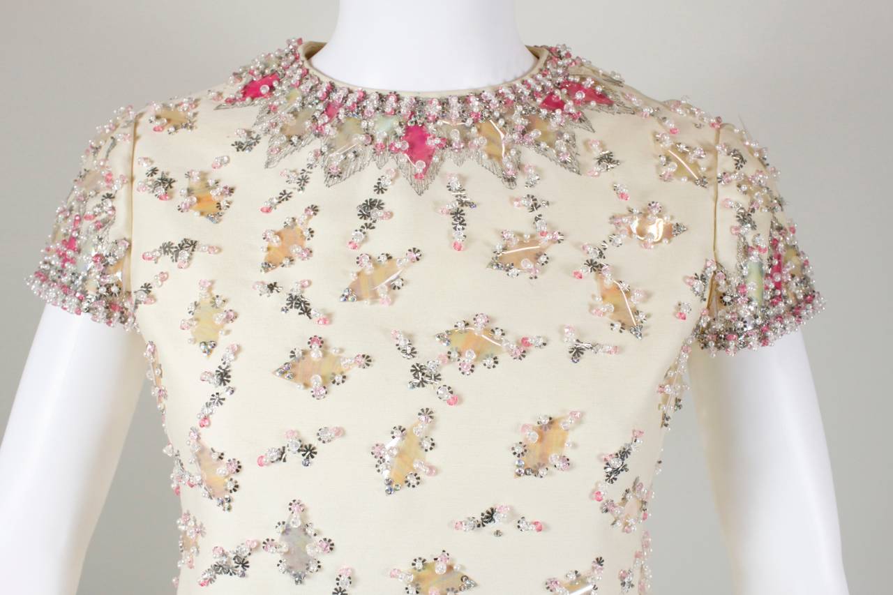 1960s Malcolm Starr Cream Party Dress with Blush Paillettes 2