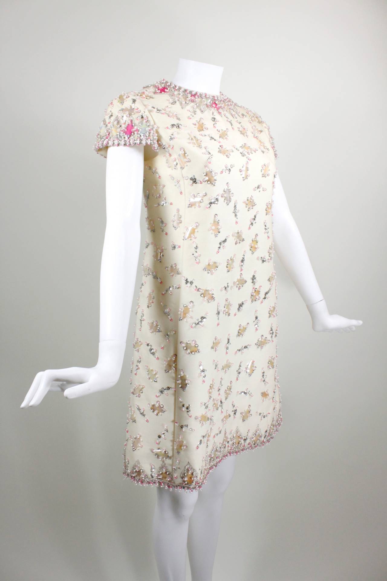 1960s Malcolm Starr Cream Party Dress with Blush Paillettes In Excellent Condition In Los Angeles, CA