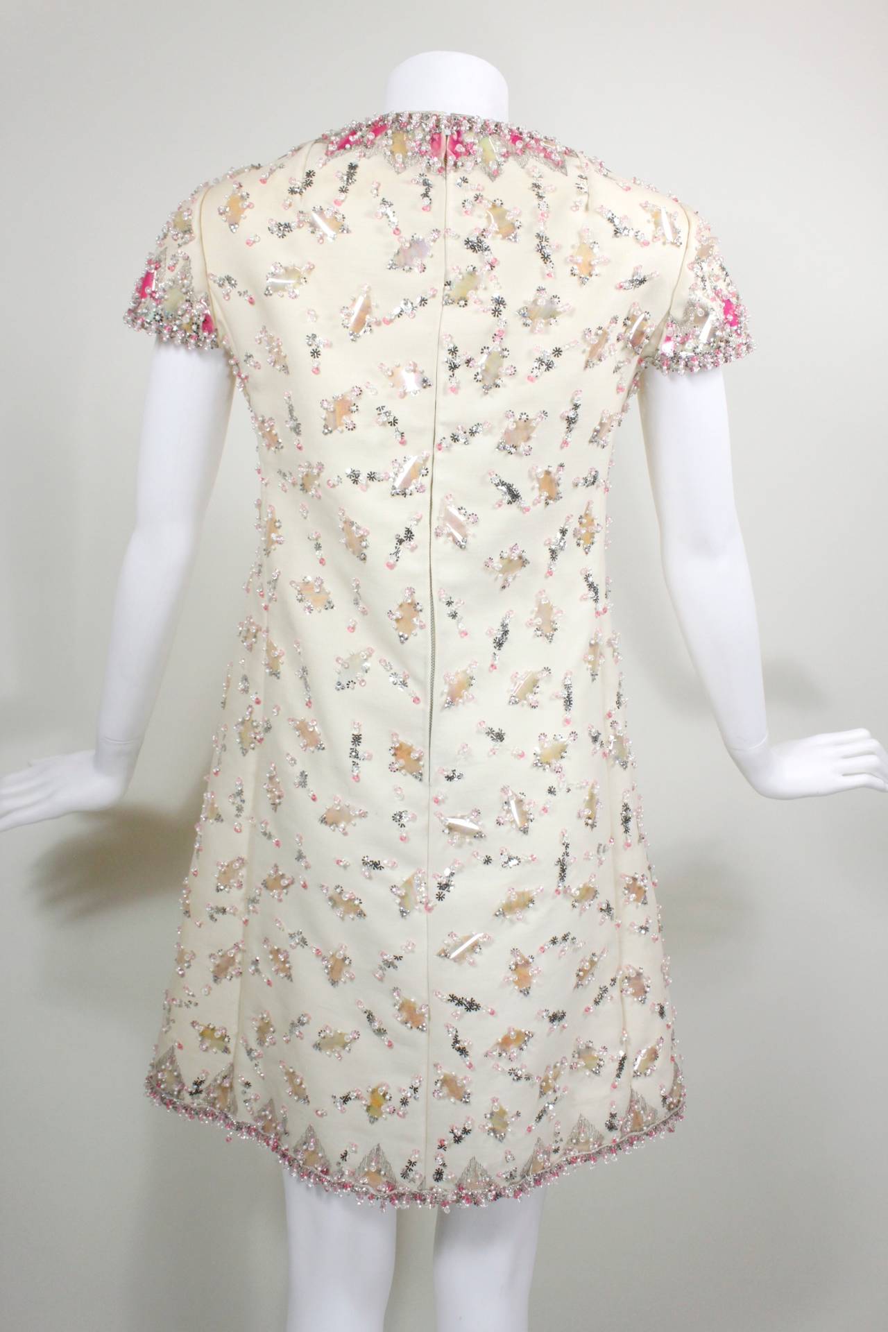 1960s Malcolm Starr Cream Party Dress with Blush Paillettes 1