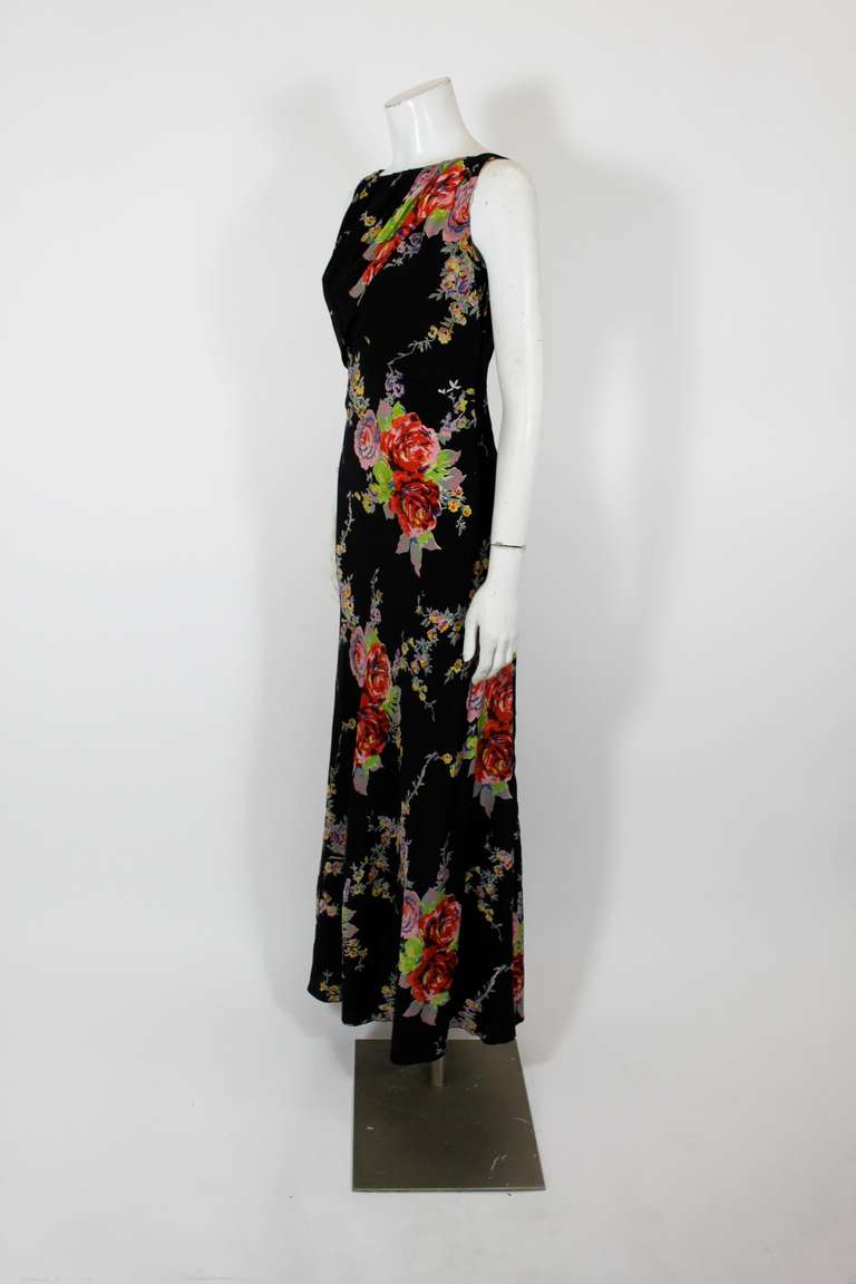 Women's 1930s Bold Floral Print Silk Bias Gown