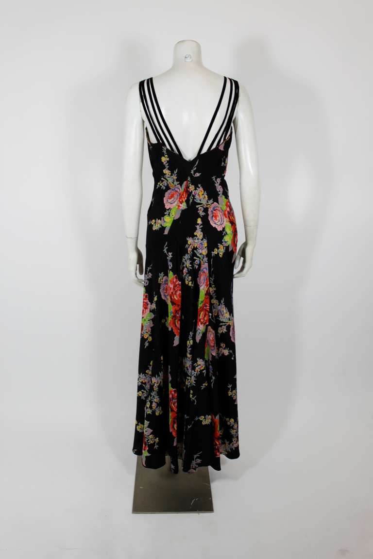 1930s Bold Floral Print Silk Bias Gown 1