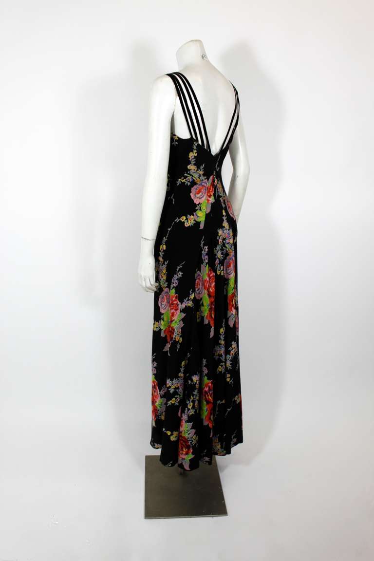 1930s Bold Floral Print Silk Bias Gown 3