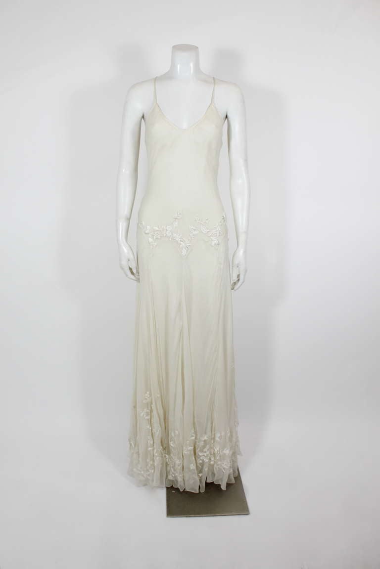 Alexander McQueen (unlabelled) Cream Chiffon Gown with Embroidery In Excellent Condition In Los Angeles, CA