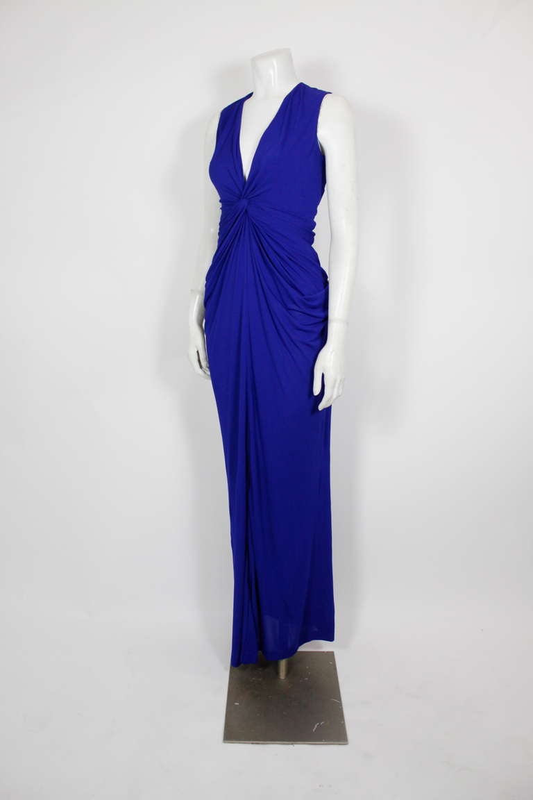 Alexander McQueen Dazzling Blue Rayon Ruched Gown In Excellent Condition In Los Angeles, CA