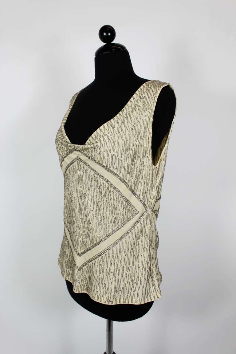 1930s Ivory Silk Blouse with Geometric Beading In Excellent Condition In Los Angeles, CA