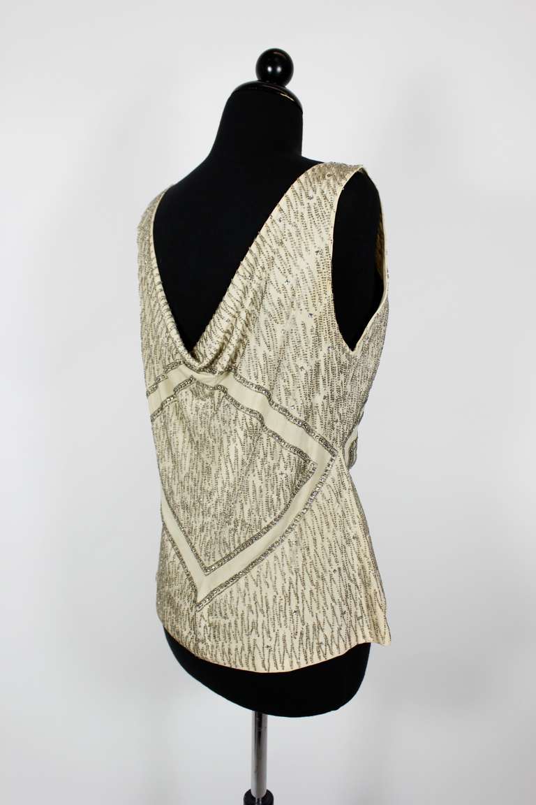 1930s Ivory Silk Blouse with Geometric Beading 5