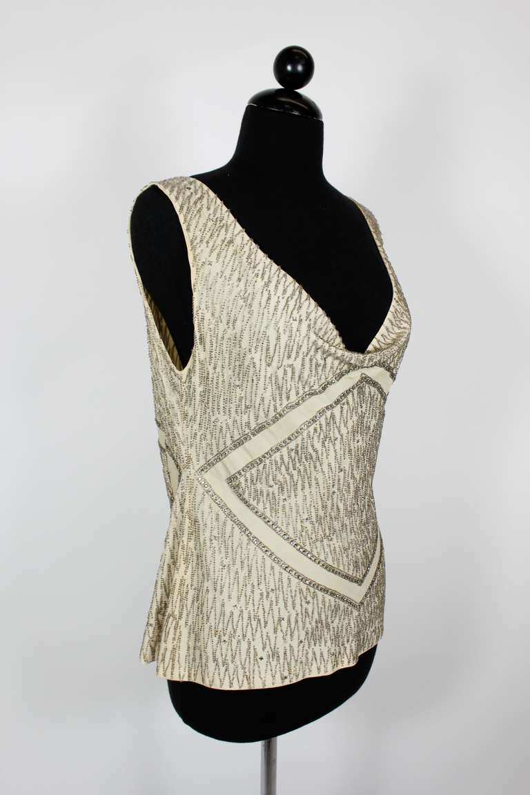 1930s Ivory Silk Blouse with Geometric Beading 6