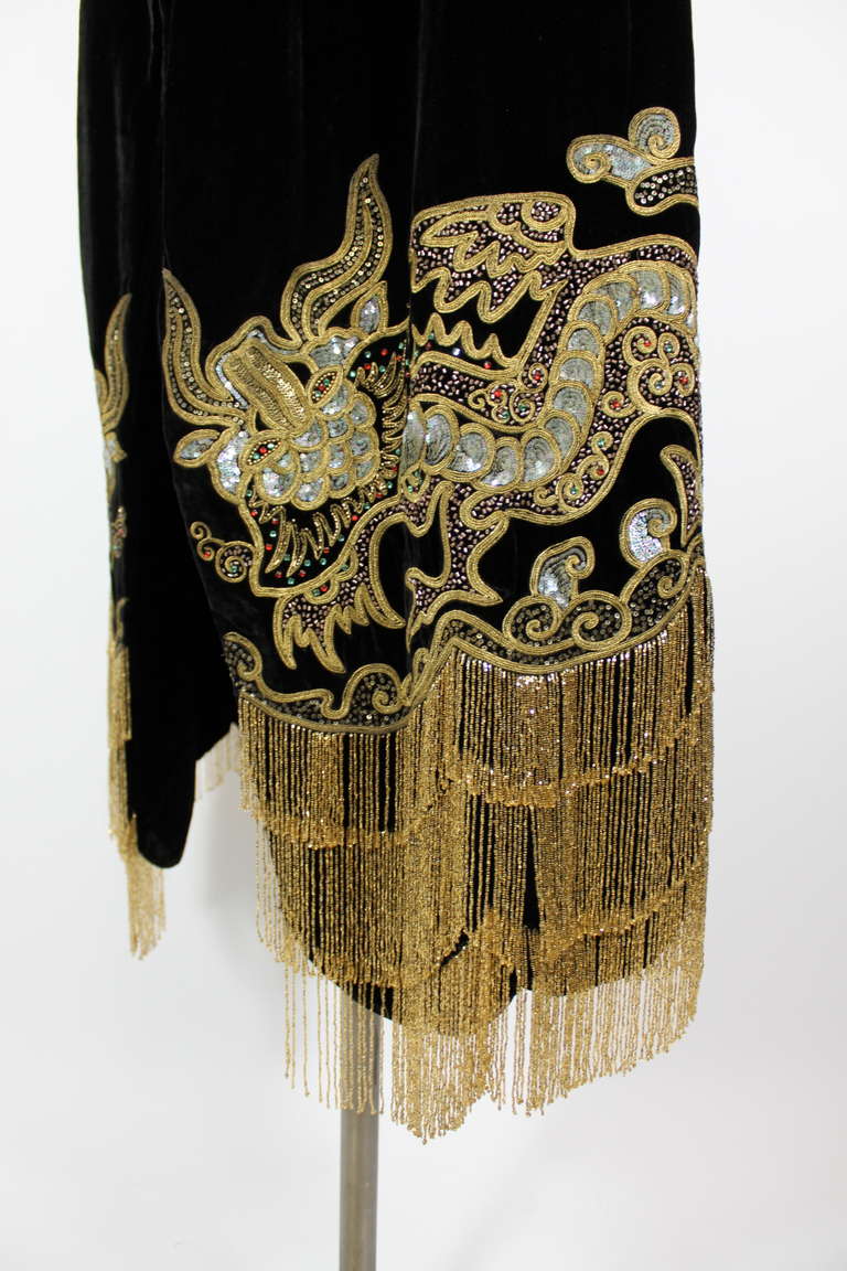 1920s Velvet Cape with Sequined Dragon Motif and Scalloped Beaded Fringe 1