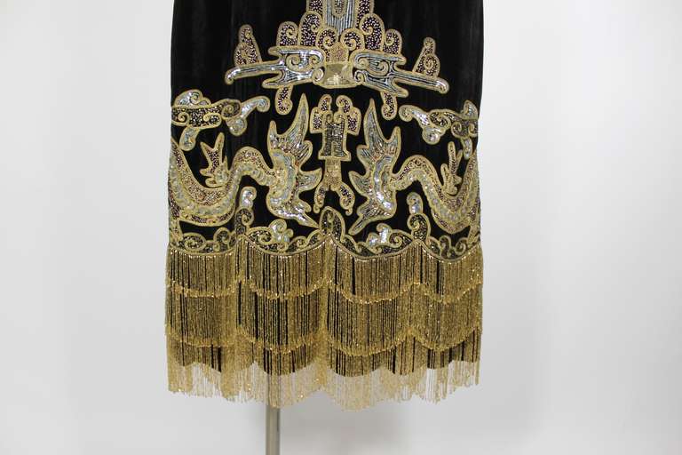 1920s Velvet Cape with Sequined Dragon Motif and Scalloped Beaded Fringe 2