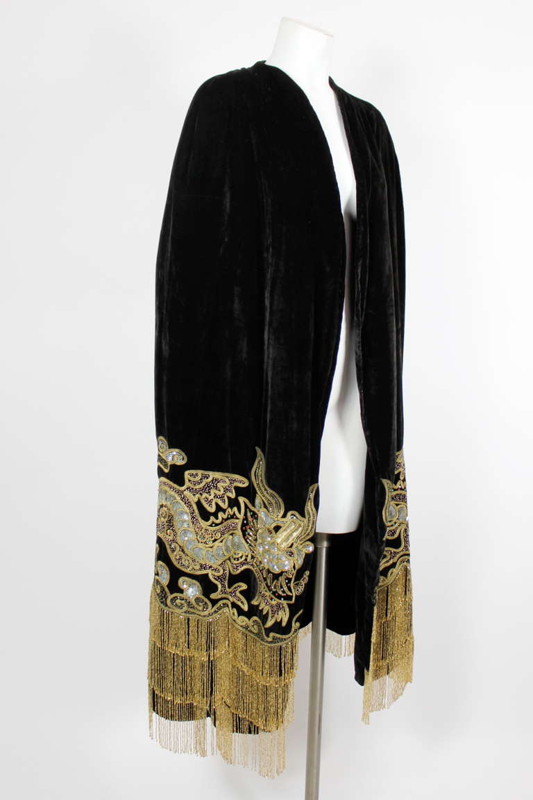 1920s Velvet Cape with Sequined Dragon Motif and Scalloped Beaded Fringe 6