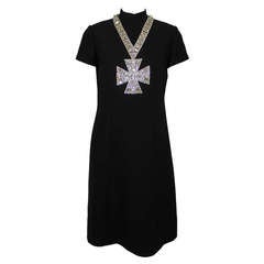 1960s Norman Norell Black Wool Dress with Jeweled Trompe-l'oeil Necklace