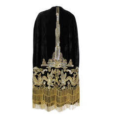 1920s Velvet Cape with Sequined Dragon Motif and Scalloped Beaded Fringe