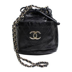 Vintage Chanel Black Quilted Bucket Bag with Logo and Chain Strap