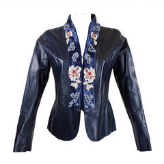 Blumarine Navy Leather Jacket with Japanese Inspired Embroidery