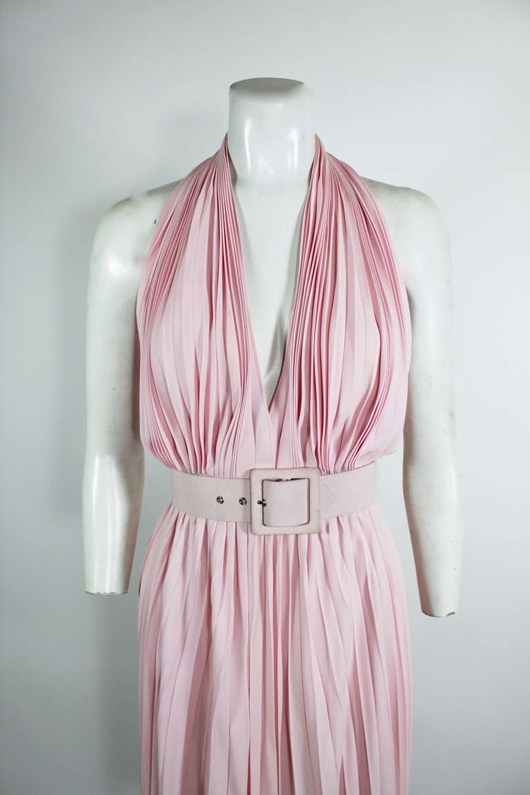 YSL Pink Pleated Halter Dress with Belt In Excellent Condition In Los Angeles, CA