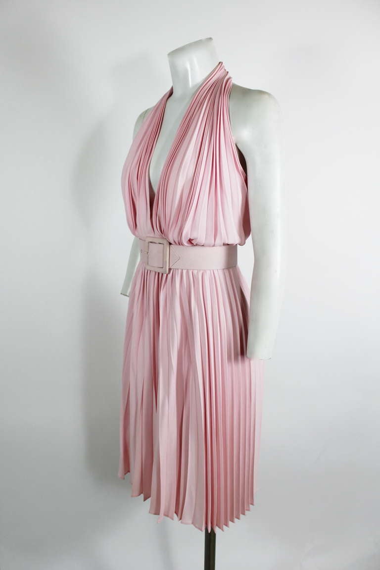 Women's YSL Pink Pleated Halter Dress with Belt