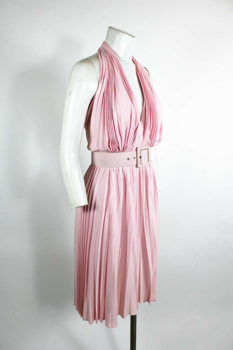 YSL Pink Pleated Halter Dress with Belt 4