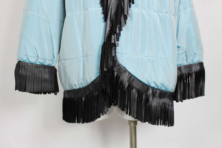 80s YSL Iridescent Blue Coat with Black Leather Fringe Trim In Excellent Condition In Los Angeles, CA
