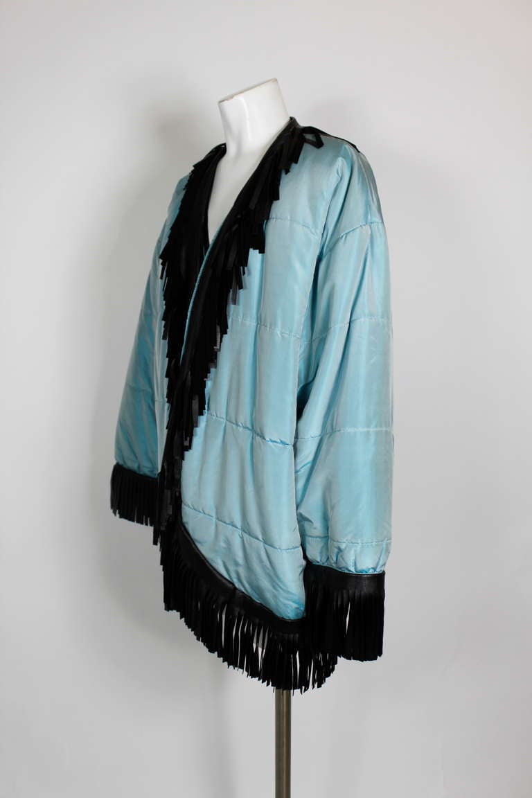 Women's 80s YSL Iridescent Blue Coat with Black Leather Fringe Trim
