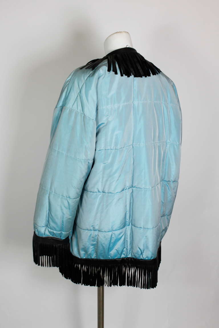 80s YSL Iridescent Blue Coat with Black Leather Fringe Trim 1