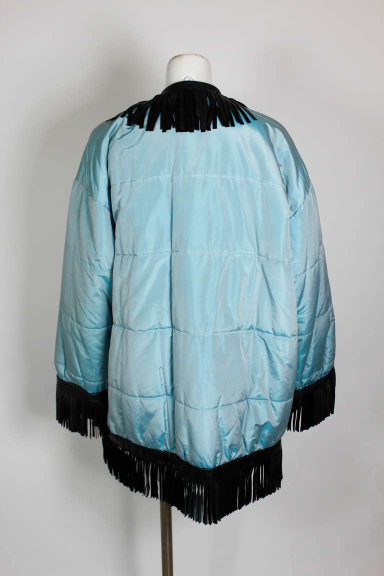 80s YSL Iridescent Blue Coat with Black Leather Fringe Trim 3