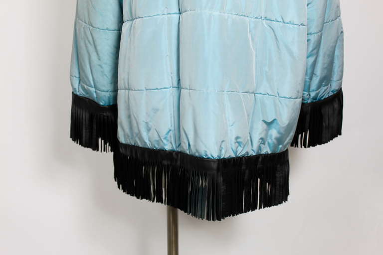80s YSL Iridescent Blue Coat with Black Leather Fringe Trim 4