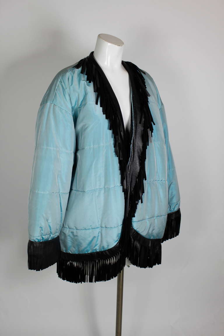 80s YSL Iridescent Blue Coat with Black Leather Fringe Trim 5