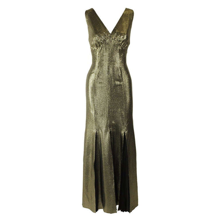 Fontana 1970s Black and Gold Metallic Silk Lamé Chevron Gown For Sale
