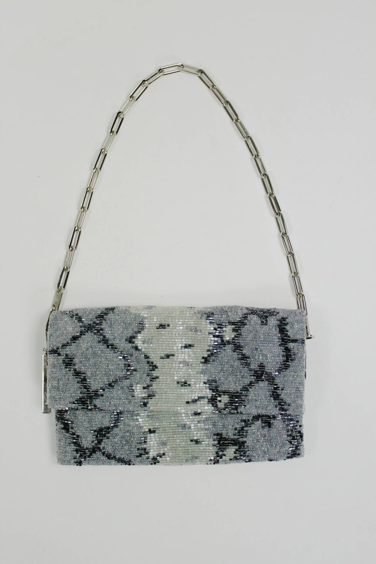 Gray Gucci Beaded Reptile Print Evening Bag with Chain Strap For Sale