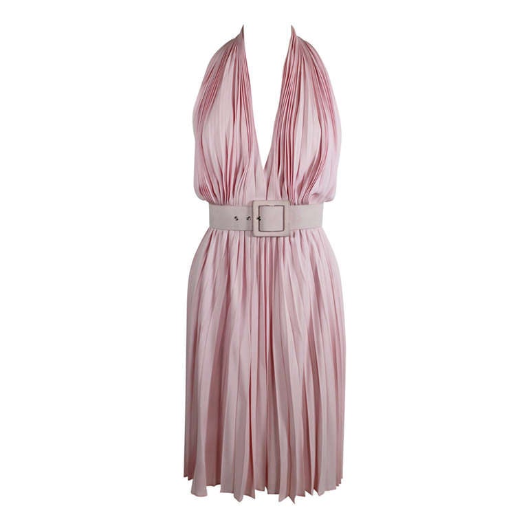 YSL Pink Pleated Halter Dress with Belt