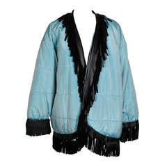 Vintage 80s YSL Iridescent Blue Coat with Black Leather Fringe Trim