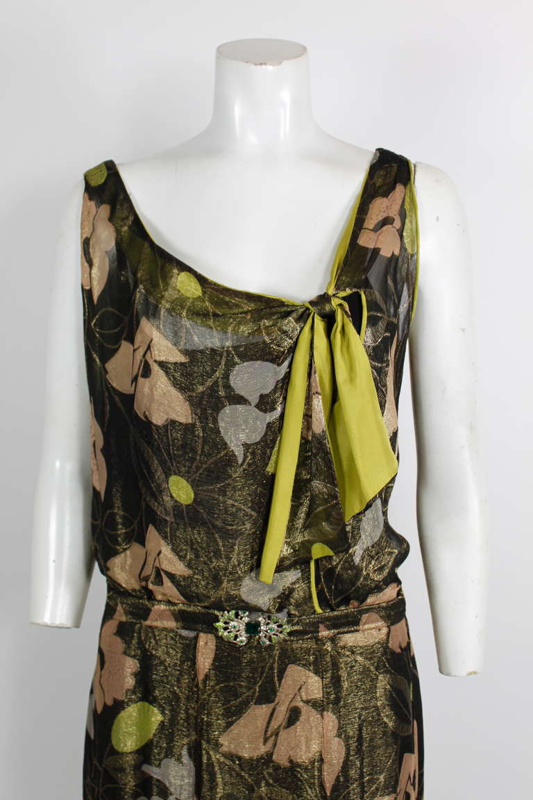 1930s Floral Lamé Dress with Jeweled Belt