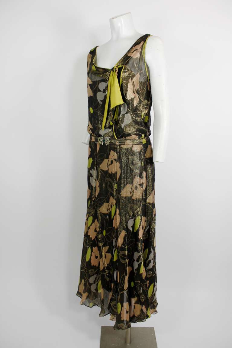 Women's 1930s Floral Lamé Dress with Jeweled Belt For Sale