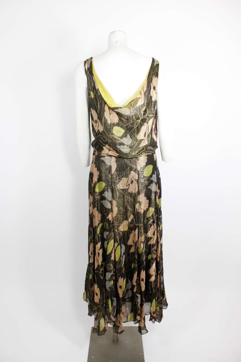 1930s Floral Lamé Dress with Jeweled Belt For Sale 3