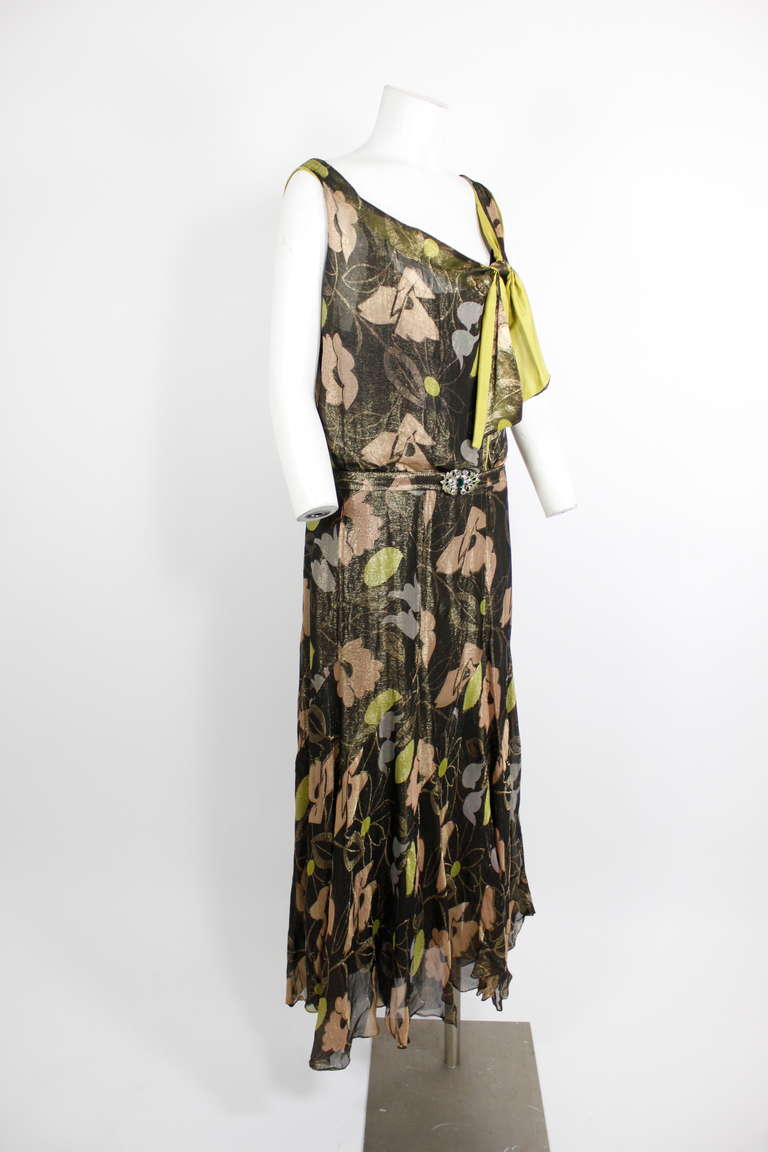 1930s Floral Lamé Dress with Jeweled Belt For Sale 4