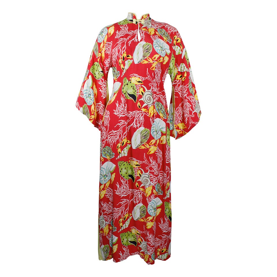 1940s Hawaiian Free Floating Aquatic Print Rayon Dress